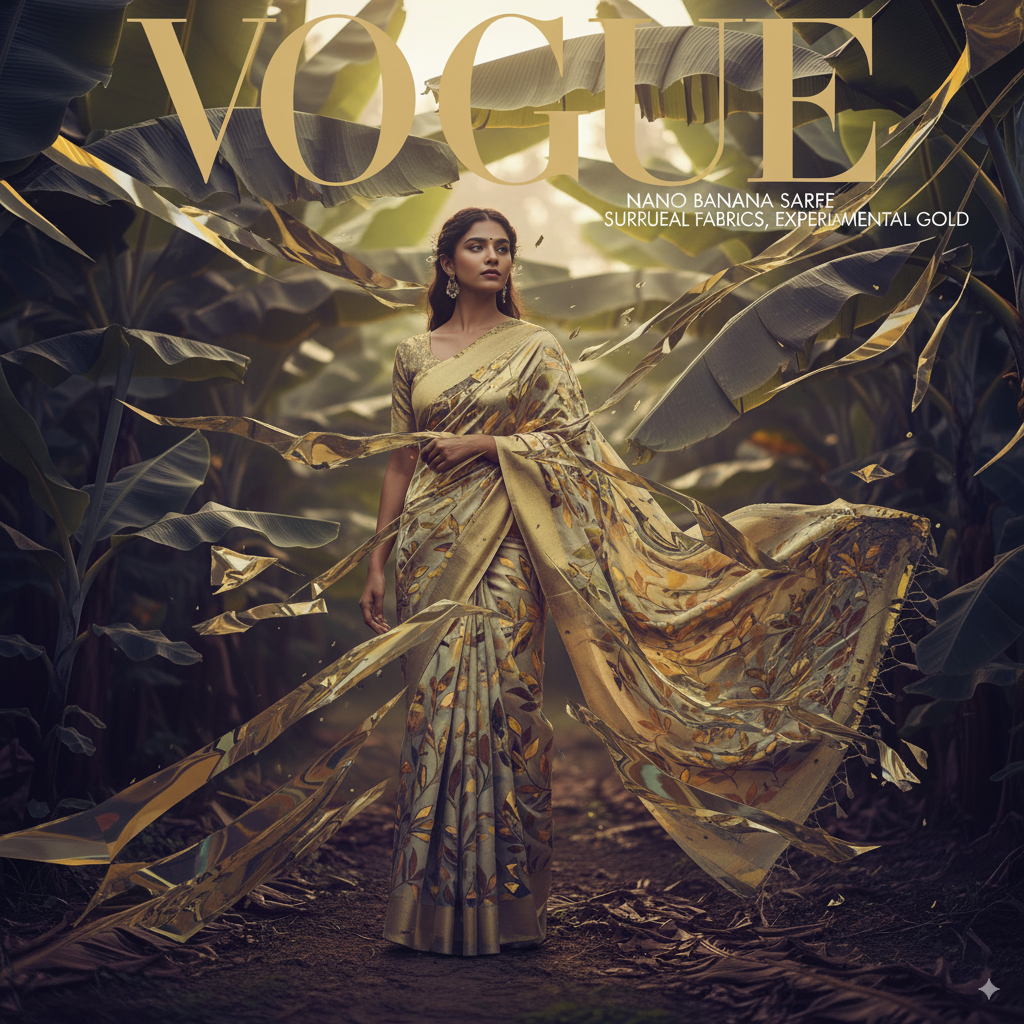 Abstract art illustration of a Nano Banana Saree, surreal patterns, experimental color palette with metallic gold and deep indigo, fashion editorial style, Vogue magazine cover concept.